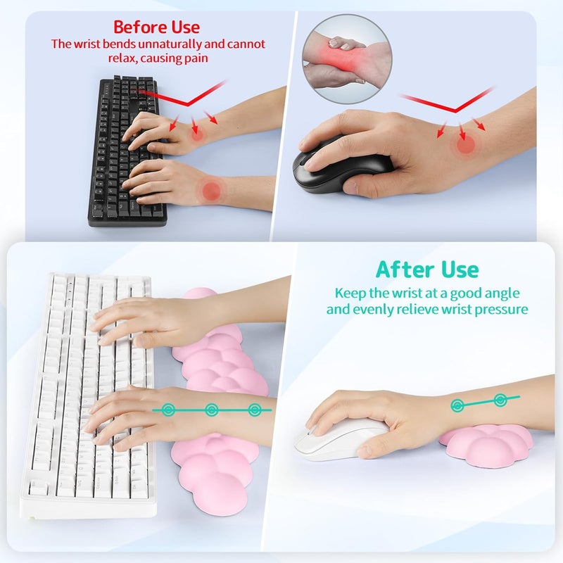 Sushret Cloud Wrist Rest for Keyboard and Mouse, Memory Foam PU Leather Keyboard Wrist Rest with Ergonomic Support, Non-Slip Base, Cute Arm Rest Pad & Palm Cushion, Office Desk Accessory, Pink - Image 3